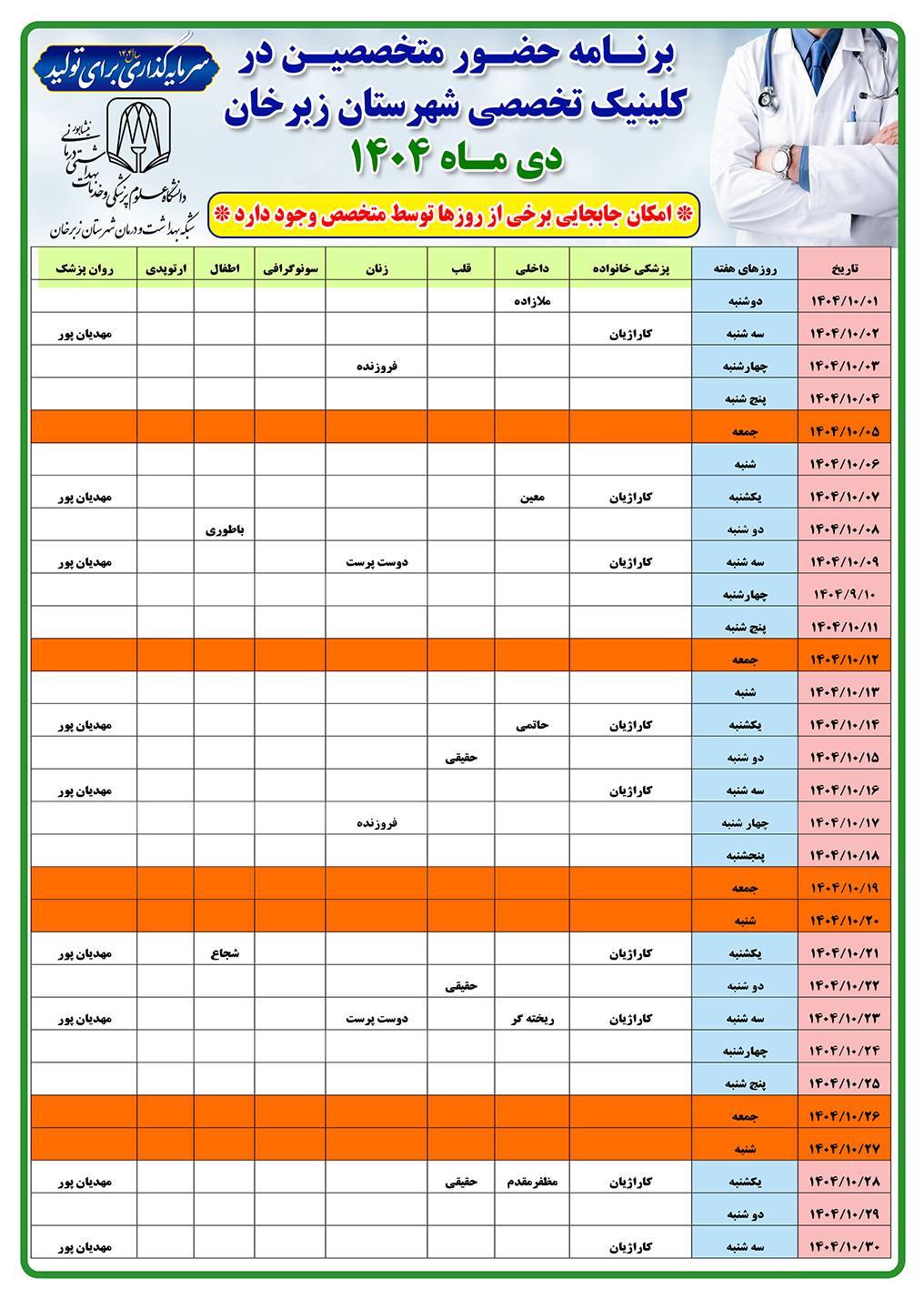 برنامه حضور متخصصین در کلینیک تخصصی شهرستان زبرخان دی ماه ۱۴۰۴